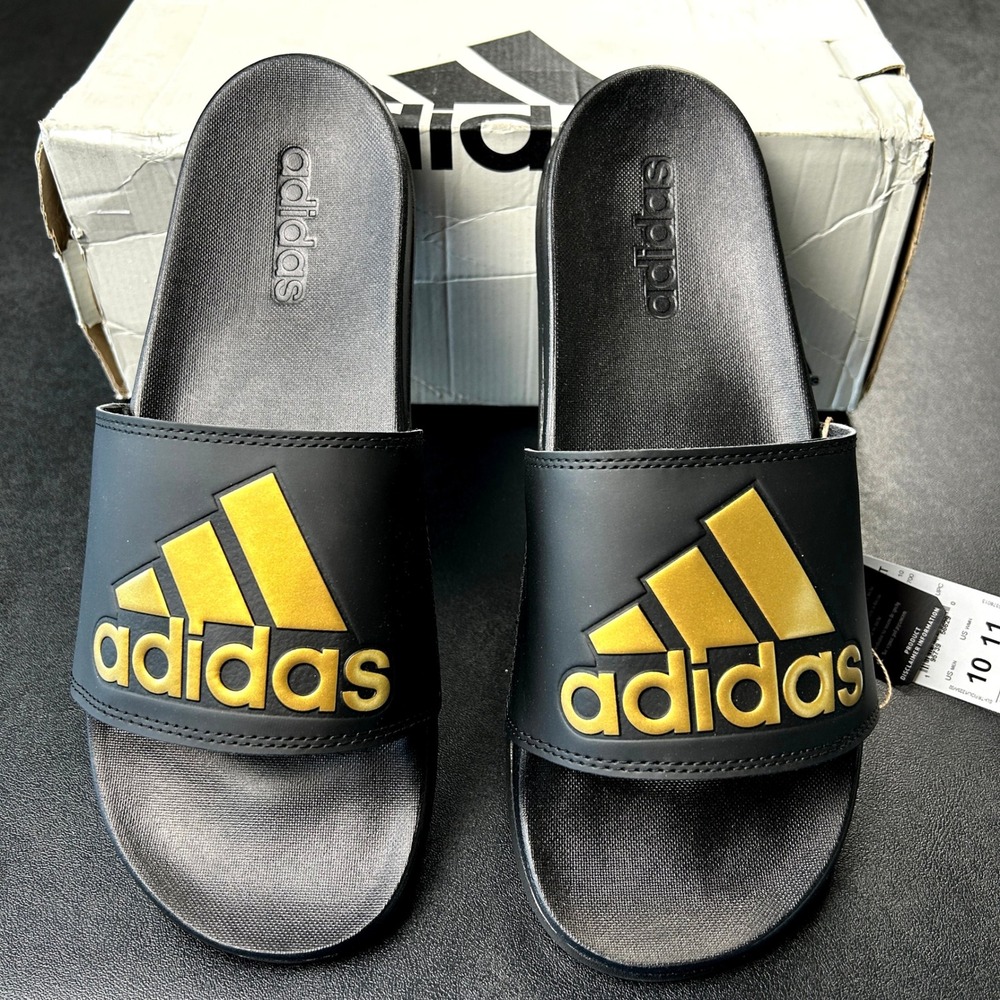 adidas Adilette Comfort Slides Mens 10 Womens 11 Black Gold Metallic GY1946 NEW - Picture 3 of 7